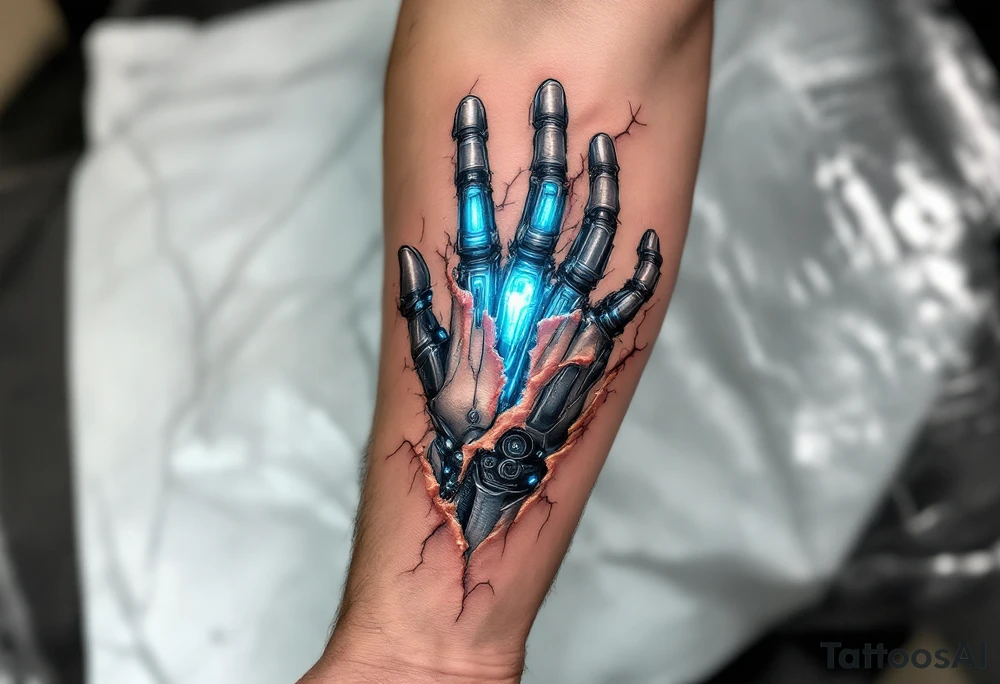 A detailed tattoo showing robotic finger joints in brushed steel with glowing ice-blue synapses connecting beneath realistic torn skin. tattoo idea