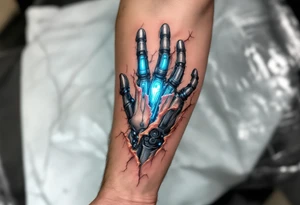 A detailed tattoo showing robotic finger joints in brushed steel with glowing ice-blue synapses connecting beneath realistic torn skin. tattoo idea