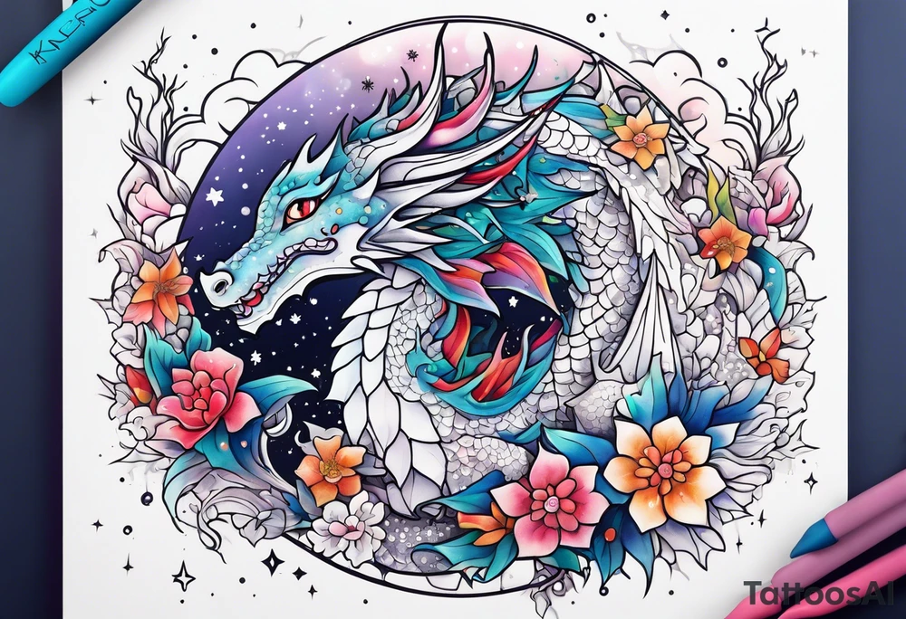 Constellation, kawaii dragon, snowflake tattoo idea