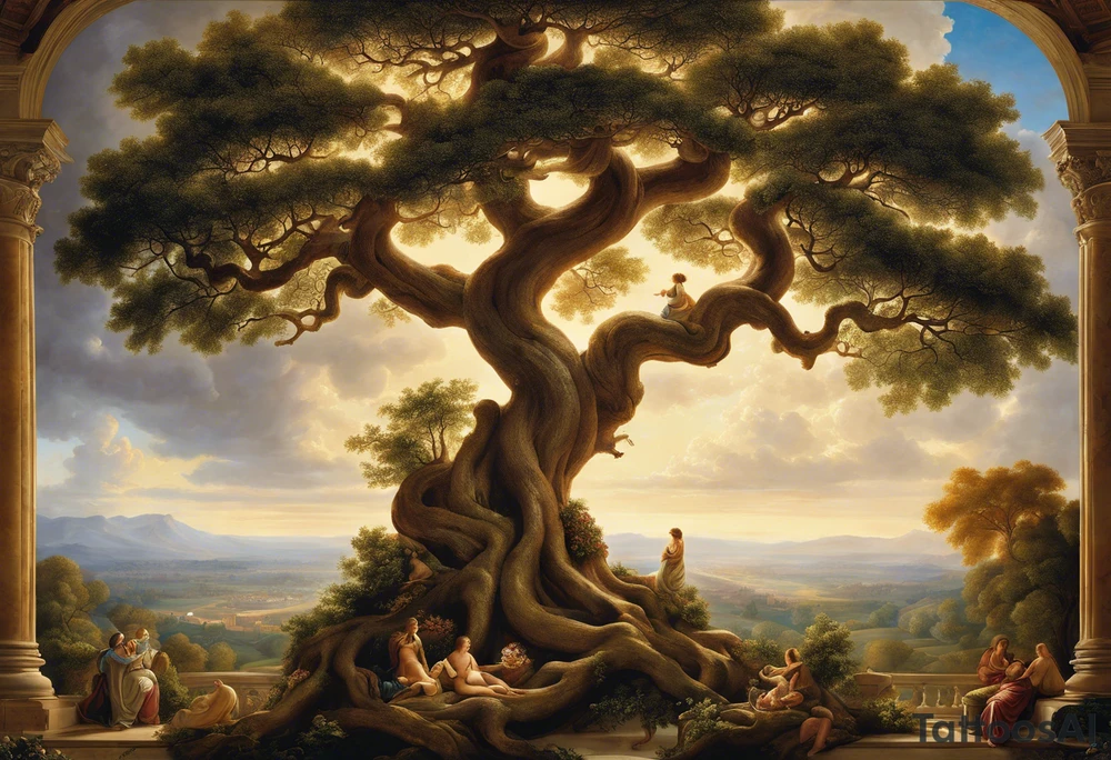 Imagine a tree with its roots forming the double helix structure of DNA, symbolizing the essence of life and growth. The trunk of the tree could extend upwards, branching out into the familiar silhouette of Michelangelo's hands from the "Creation of Adam." The hands could be positioned to delicately cradle a small seed or budding flower, representing the potential for new beginnings and creation tattoo idea