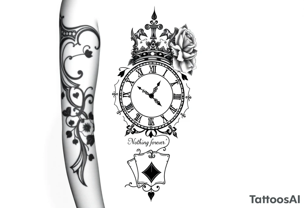 Roman clock with roses and a crown,  a quote that says nothings forever. and on the bottom a deck of cards tattoo idea
