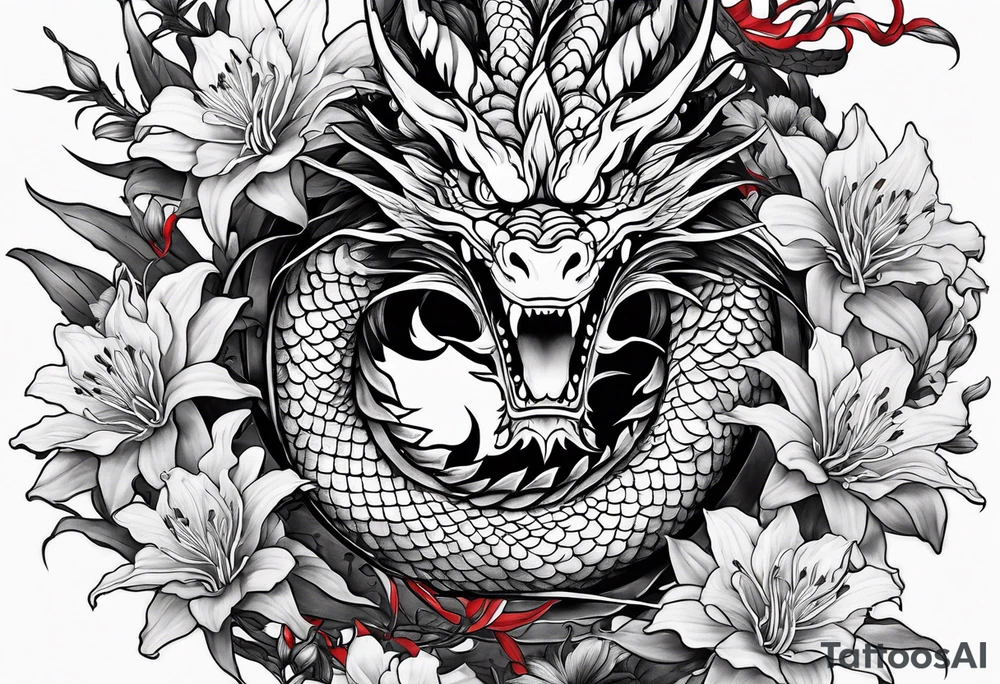 full Dragon with red Spider lilies surrounding it tattoo idea