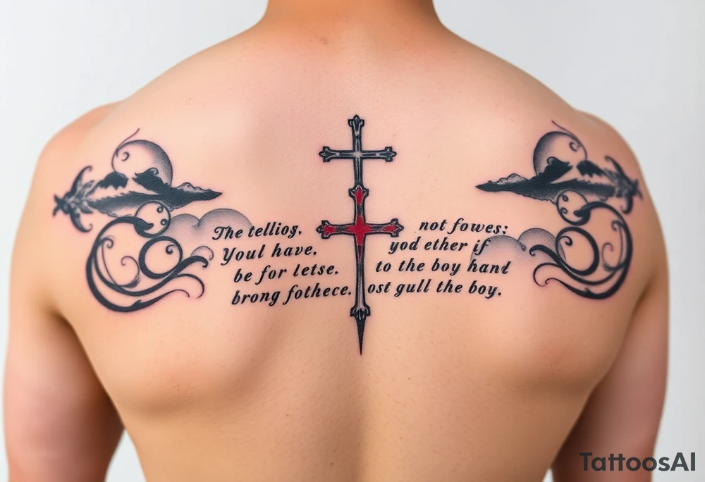 Red and black ink inner sleeve tattoo with bible verse the background faint clouds and 3 crosses one red in the middle under a chosen wrist tattoo before the hand/palm tattoo idea