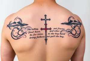 Red and black ink inner sleeve tattoo with bible verse the background faint clouds and 3 crosses one red in the middle under a chosen wrist tattoo before the hand/palm tattoo idea