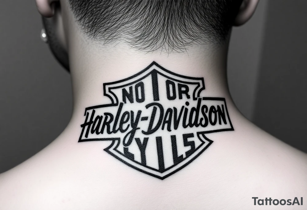 "rip Logan a rustan" in colligraphy font  inside of hollow Harley davidson sign tattoo idea