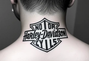 "rip Logan a rustan" in colligraphy font  inside of hollow Harley davidson sign tattoo idea