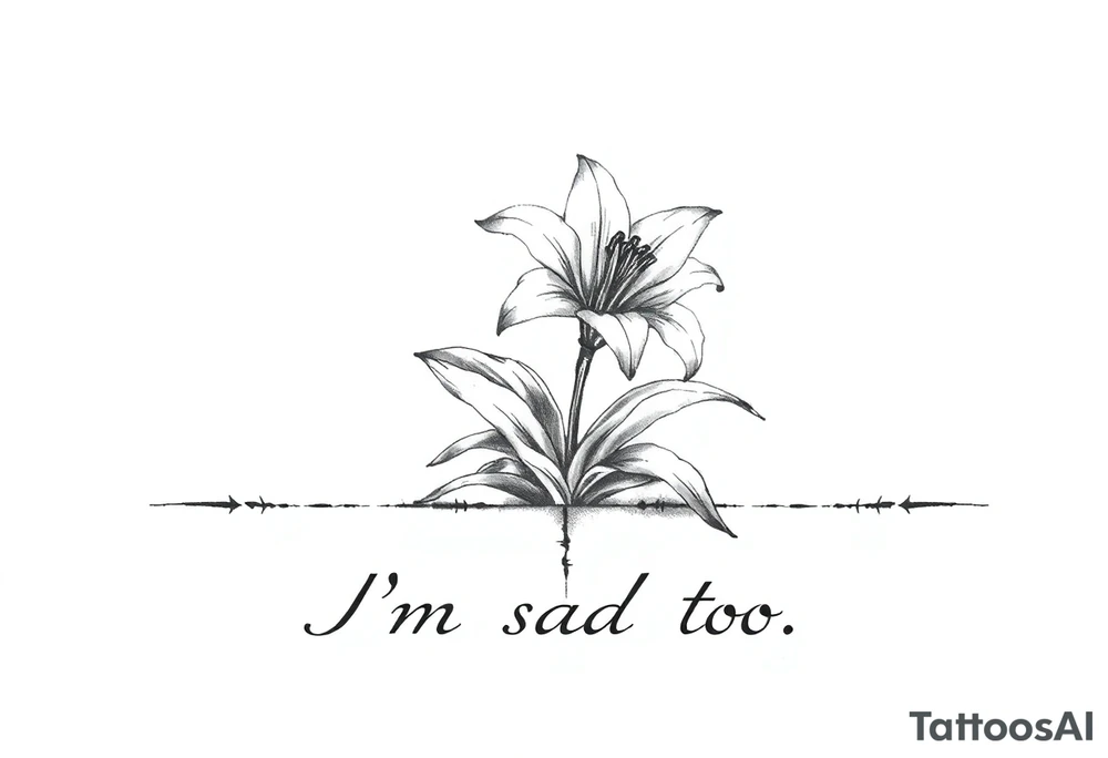 Lily growing out of tile floor with the words I’m sad too written small in the grout between two tiles tattoo idea