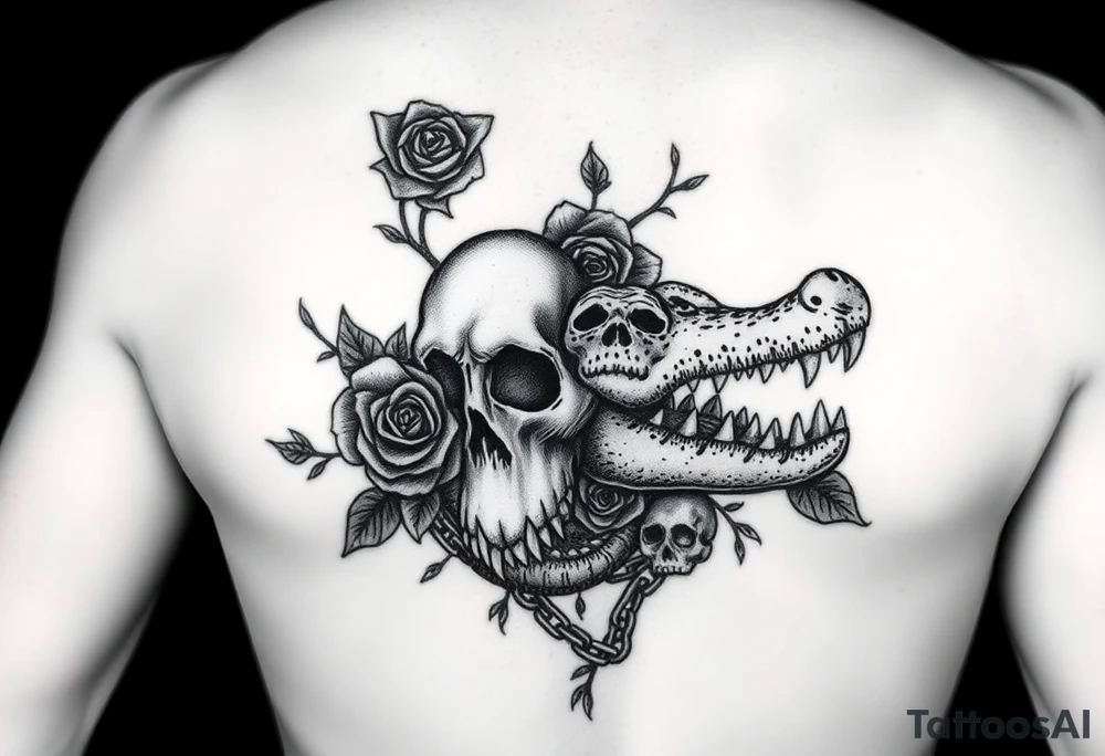 gothic fairy tale vibe we talked about: dark, thorny roses, skulls peeking through shadows, a bit of wild creature energy. Not perfect matches, but imagine tweaking 'em—rose from the eye, gator coiled like a guardian. This one's got that moody frame, vines creeping in—easy to swap in your Tudor rose and skull. Full-back chaos with skulls and chains... add the alligator jaws clamping down, and boom. tattoo idea