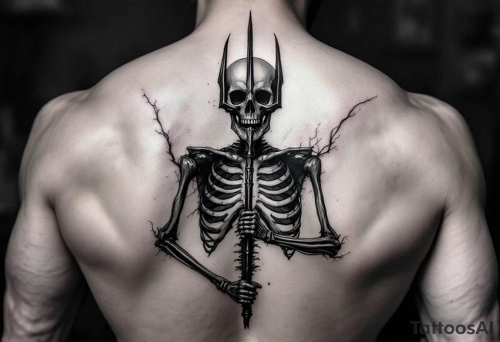skeleton behind trident tattoo idea