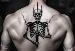 skeleton behind trident tattoo idea