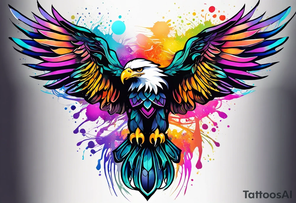 Feminine celtic Eagle with wings spread upwards. Colourful background, splashes on colour tattoo idea