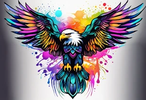 Feminine celtic Eagle with wings spread upwards. Colourful background, splashes on colour tattoo idea
