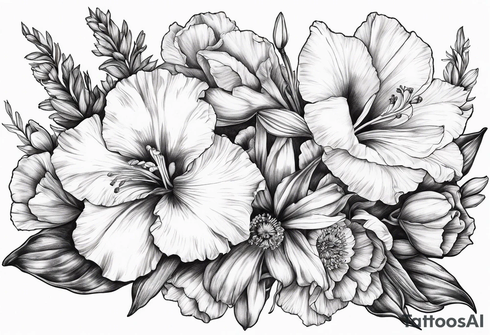 Gladiolus, Poppy, Daisy, Sweet Pea floral tattoo idea
