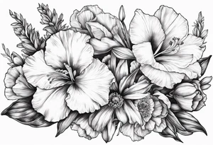 Gladiolus, Poppy, Daisy, Sweet Pea floral tattoo idea