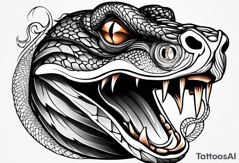black and white drawing of a snake head with copper eyes an open mouth tattoo idea