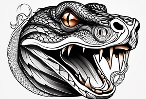 black and white drawing of a snake head with copper eyes an open mouth tattoo idea