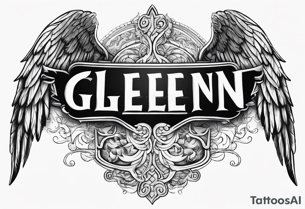 The word Glenn on a banner with angel Wings tattoo idea