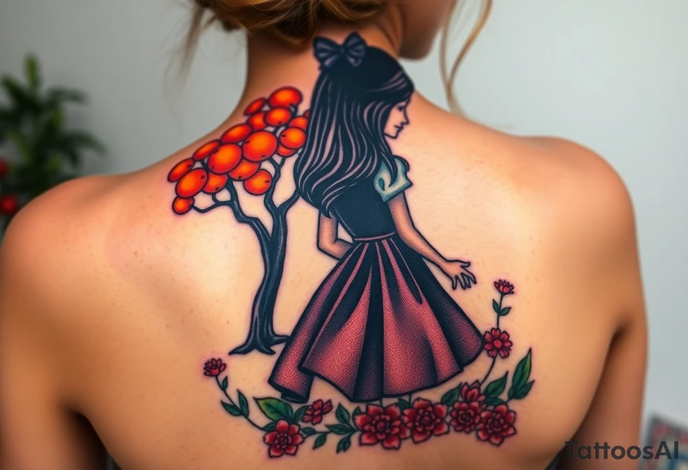 Alice in wonderland's back silhouette entering a garden. There is a orange tree, and flowers there. tattoo idea
