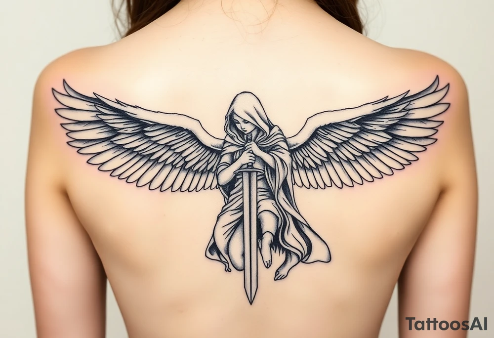 Warrior Angel with long sword  kneeling looking down cloak over head wings
 spread tattoo idea