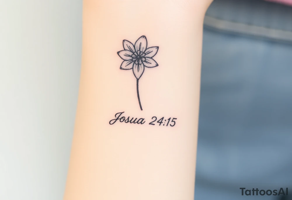 Narcissus flower at the top, drawn in single-needle fine line

“Joshua 24:15” sits underneath in tiny, clean lettering

Vertical flow = elegant, feminine, and perfectly suited to the inner wrist

Overall height: ~5–7 cm (subtle, timeless, not heavy) tattoo idea