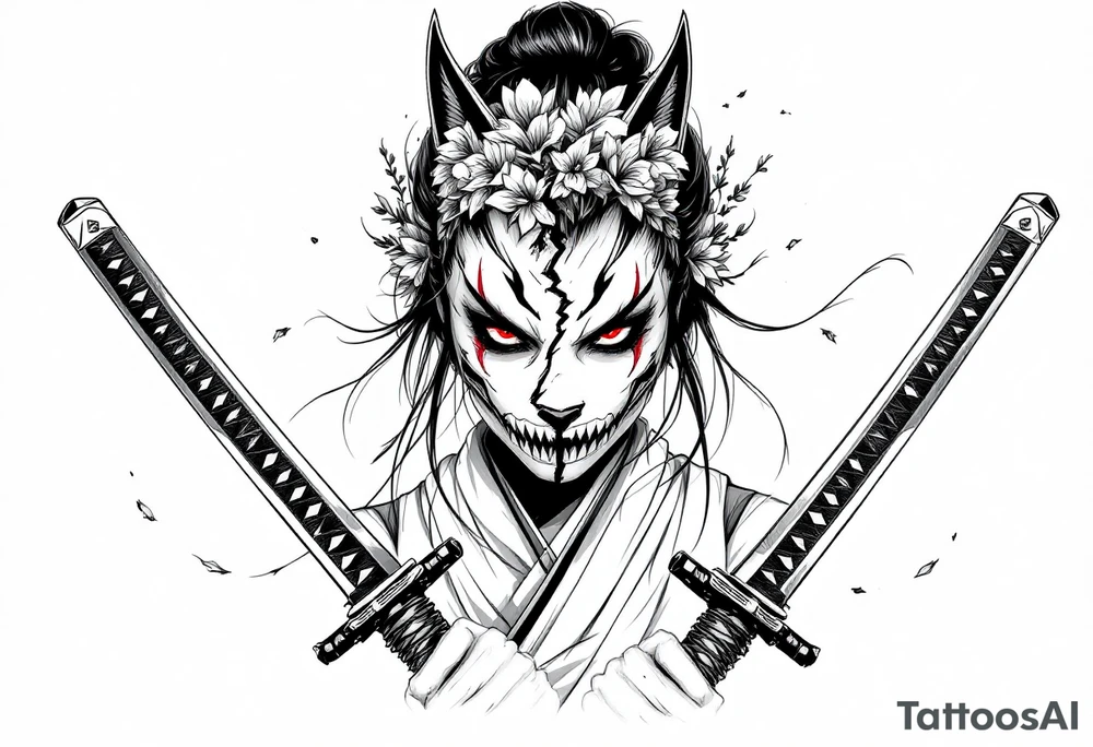 Woman samurai with red eyes holding an half and broken kitsune mask , holding 
two katana and Sakura flowers ornement
Tatoo is for upper arm tattoo idea