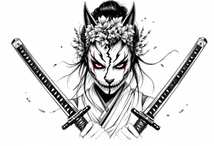 Woman samurai with red eyes holding an half and broken kitsune mask , holding 
two katana and Sakura flowers ornement
Tatoo is for upper arm tattoo idea