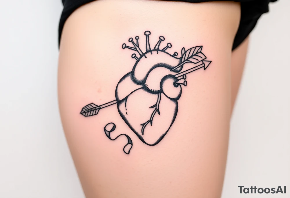anatomical heart pierced by ornate arrow with flowing ribbons tattoo idea