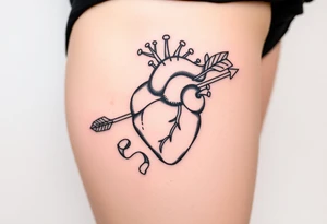 anatomical heart pierced by ornate arrow with flowing ribbons tattoo idea