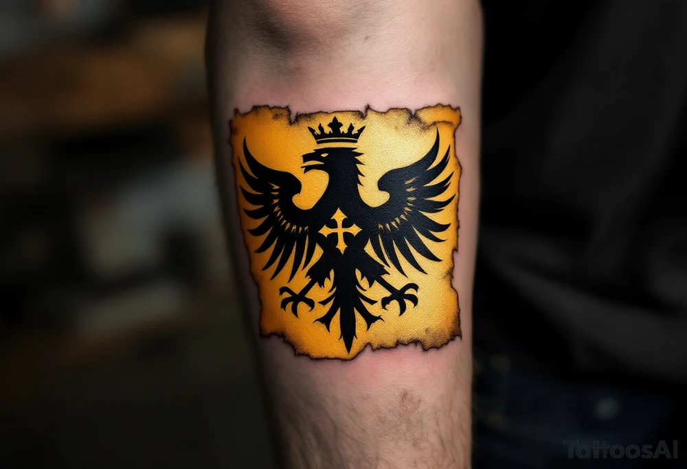 A hand-painted, medieval-style banner with a black Silesian eagle with crown on a golden background, looking like a knight's flag waving in the wind. The edges are torn and aged, giving it a battle-worn effect. tattoo idea