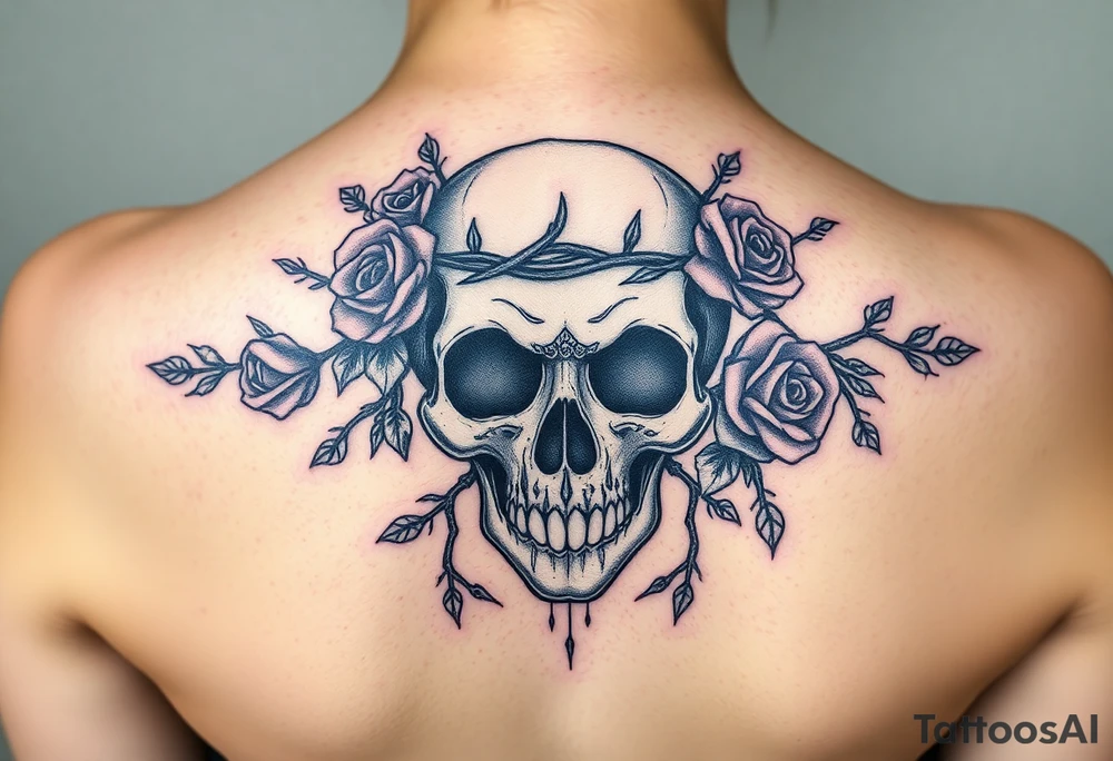 ornate skull adorned with crown of wild roses and thorns tattoo idea