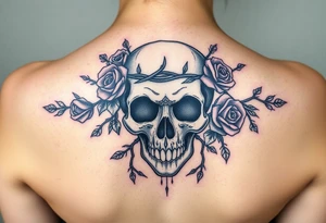 ornate skull adorned with crown of wild roses and thorns tattoo idea