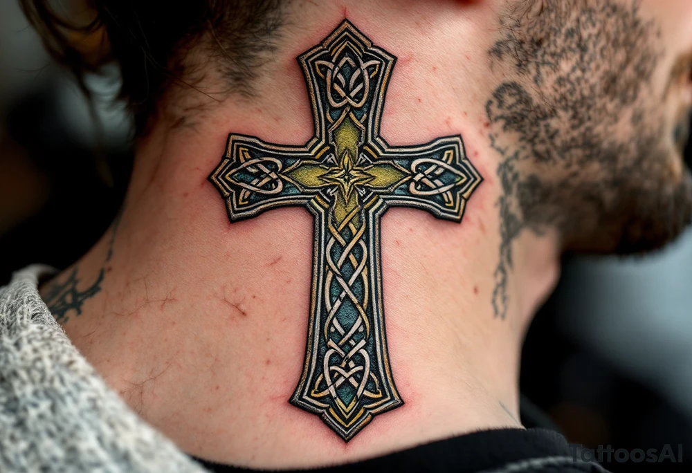 A rugged stone-textured Celtic cross, weathered with cracks and mossy green highlights for an ancient feel. tattoo idea