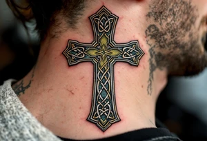 A rugged stone-textured Celtic cross, weathered with cracks and mossy green highlights for an ancient feel. tattoo idea