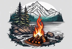 Small campfire on the coast of a mountain stream, in the back is some evergreen tall trees tattoo idea