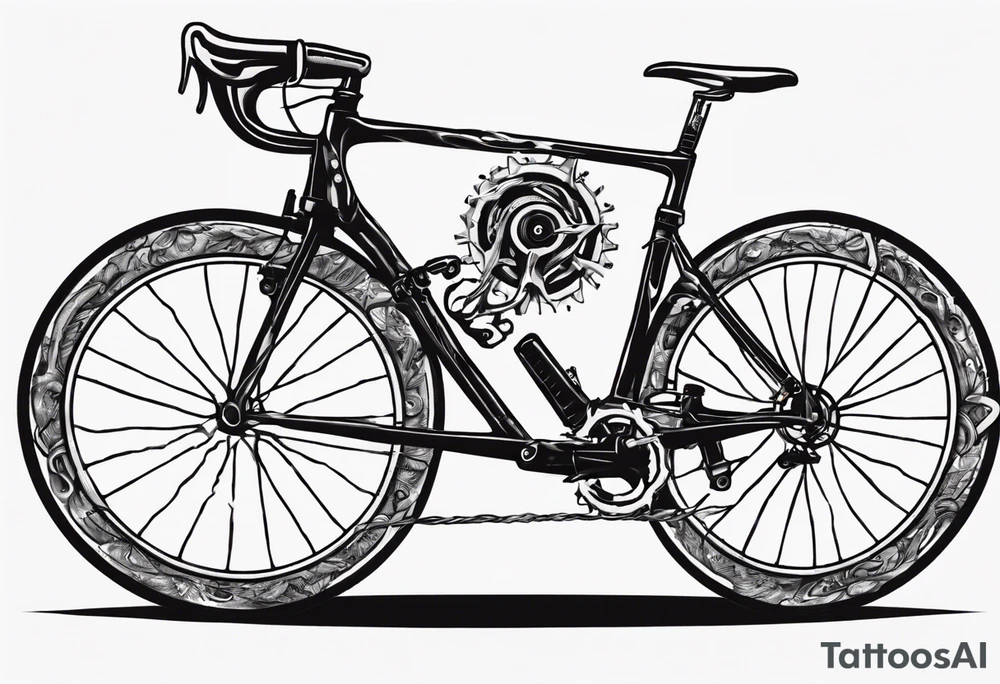 BMC road bicycle on a mountain placed on a barbell tattoo idea