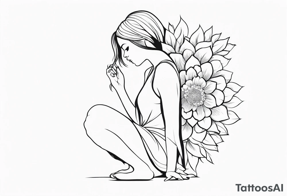 silhouette of a girl with a bloomed flower head, kneeling tattoo idea