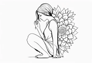 silhouette of a girl with a bloomed flower head, kneeling tattoo idea