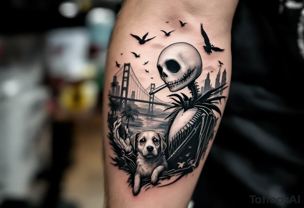 majestic jack skellington with dog,smoking a blunt and fishing,surrounded by city buildings,golden gate bridge, birds, palm trees, tattoo idea