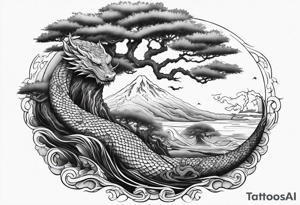 Jormungandr wrapped around world tree with water enveloping tattoo idea