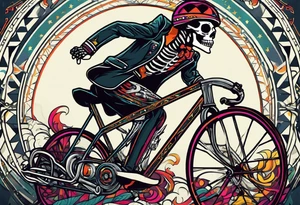 Skeleton rides a racing bicycle. It is wearing a 1980s style uniform. There is no background image tattoo idea
