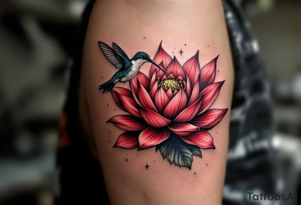 a hummingbird drinking from an egyptian lotus (red and black) tattoo idea