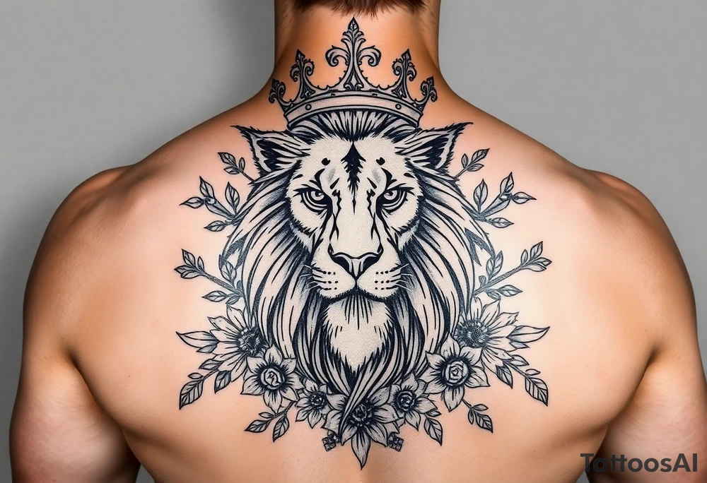 powerful majestic lion with a crown, surrounded by floral ornaments and birds tattoo idea