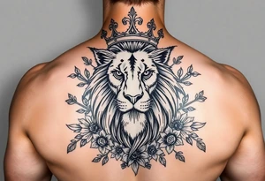 powerful majestic lion with a crown, surrounded by floral ornaments and birds tattoo idea