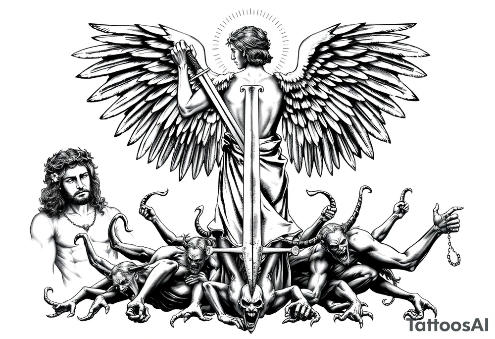 The tattoo is a black and gray, highly detailed, full-back design in a classical artistic style, depicting a powerful Archangel Michael as the central figure. He stands in a dominant stance, wielding a long, intricately designed sword, symbolizing divine justice. His large, majestic wings extend outward, detailed with fine feather textures, creating a sense of movement and grandeur. A radiant halo or divine light emanates from behind his head, reinforcing his celestial presence.

Below Archangel Michael, defeated demons writhe in agony, their faces twisted in expressions of despair as they are cast down. Their muscular, contorted bodies contrast with the angel’s calm, commanding presence. Some demons may have broken chains around them, symbolizing their fall from grace.

To the left of Archangel Michael, Jesus Christ is depicted wearing a crown of thorns, his face solemn and contemplative, representing sacrifice and redemption. His hair flows naturally, and his eyes may be gazing downward with an expression of divine wisdom and sorrow. His placement aligns with Christian iconography, adding to the religious depth of the tattoo.

On the right side, a sorrowful Virgin Mary is depicted with a serene yet deeply emotional expression. She is draped in flowing robes, her hands clasped in prayer or gently outstretched. Her presence balances the composition, representing mercy, compassion, and divine grace.

The background features dramatic, swirling clouds, rays of light, and subtle celestial elements to enhance the spiritual and dramatic atmosphere. The shading technique uses deep contrasts and smooth gradients to create depth, making the figures appear almost sculptural. Every detail, from the folds of the robes to the individual feathers of Michael’s wings, is meticulously rendered for a realistic and timeless aesthetic. tattoo idea