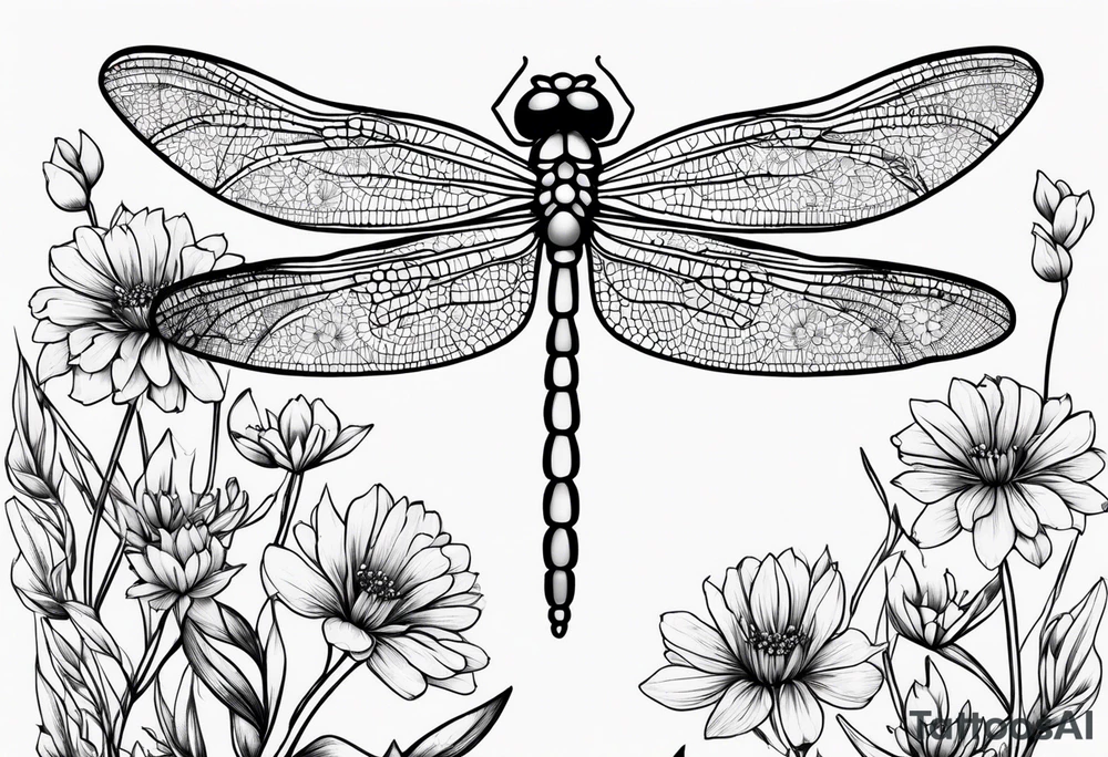 Dragonfly wildflowers simplistic minimalist tattoo idea