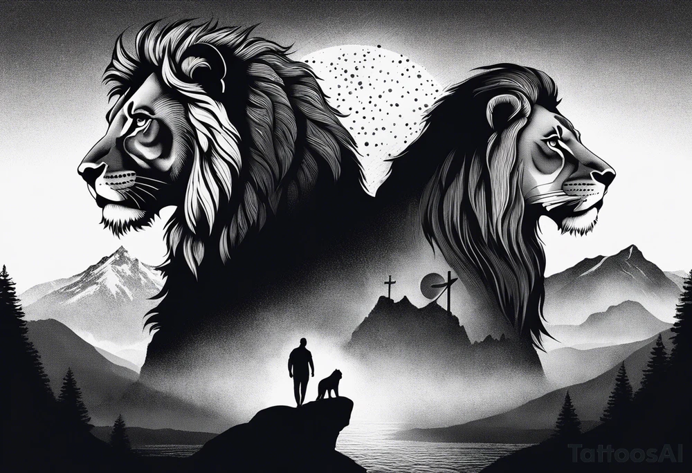 a father and son in the mountains with  a waterfall and cross in the background and a sunset designed into the shape of a lion head tattoo idea