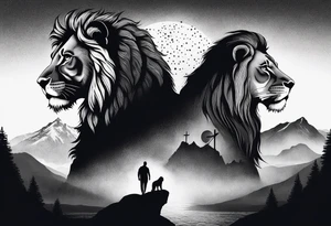 a father and son in the mountains with  a waterfall and cross in the background and a sunset designed into the shape of a lion head tattoo idea