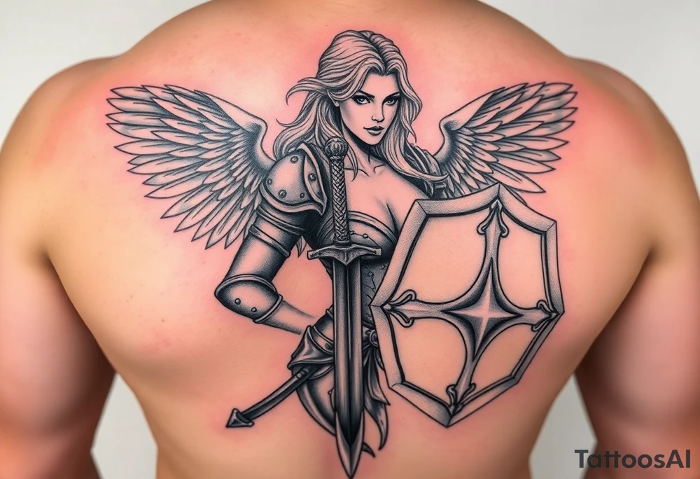 blonde valkyrie with sword and shield -- location calf -- image should show entire body of the valkyrie -- she should have large breasts and beautiful yet tough -- full color, realistic, should have breast armor, less cartoony more realistic, should show her entire body tattoo idea
