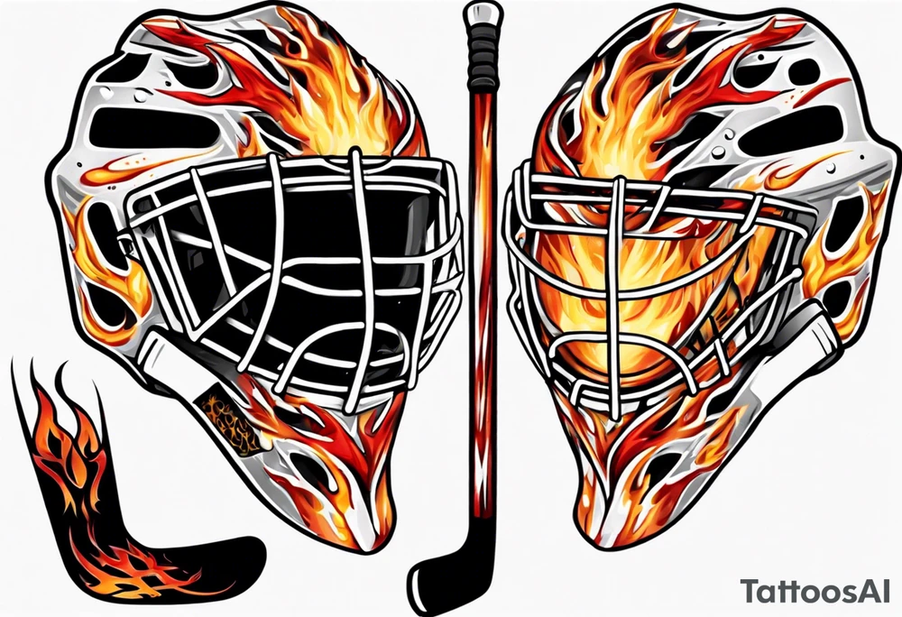 a goalie mask with crossed hockey sticks and flames "SHOT HOCKEY" tattoo idea