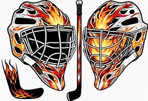 a goalie mask with crossed hockey sticks and flames "SHOT HOCKEY" tattoo idea